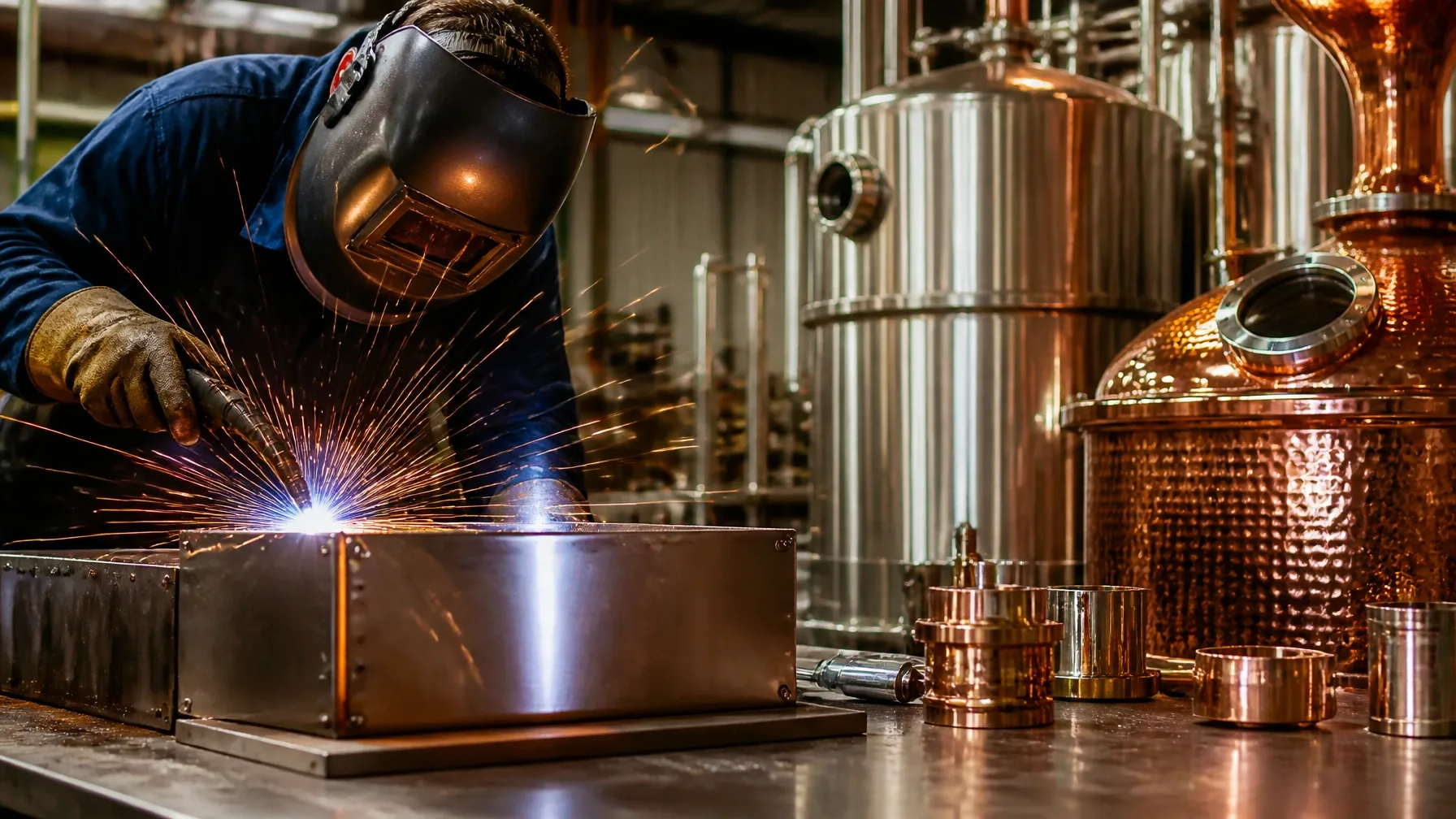 Fabricator precision welding a custom metal assembly in the shop